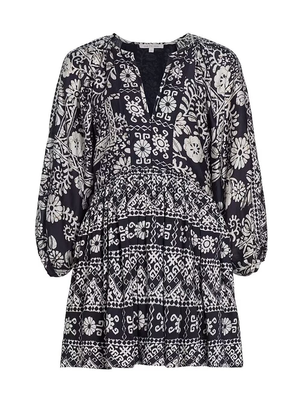 Love The Label Block Print Mini Dress Cotton Boho Tiered Ruffle Hem White NAVY
